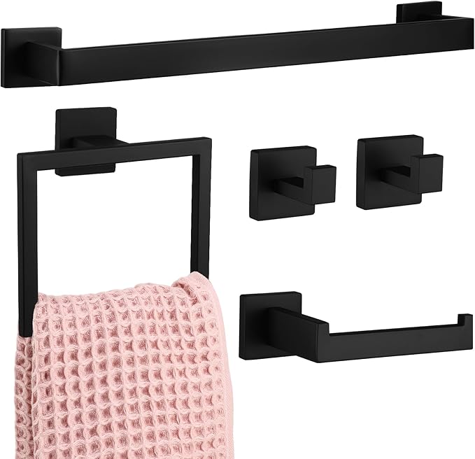 Gisafai 5 Pcs Bathroom Hardware Accessories Set 23.6 Inch Bath Towel Bar Kit Stainless Steel Bathroom Hardware Set Towel Racks Ring Hooks Paper Holder for Wall Mounted (Black)