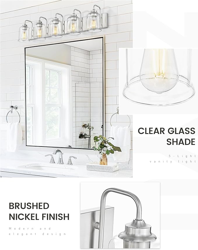 zeyu 36 Inch Farmhouse Modern Bathroom Lighting Fixture, 5-Light Bathroom Vanity Light, Brushed Nickel Finish with Clear Glass Shade, ZSL72B-5W BN