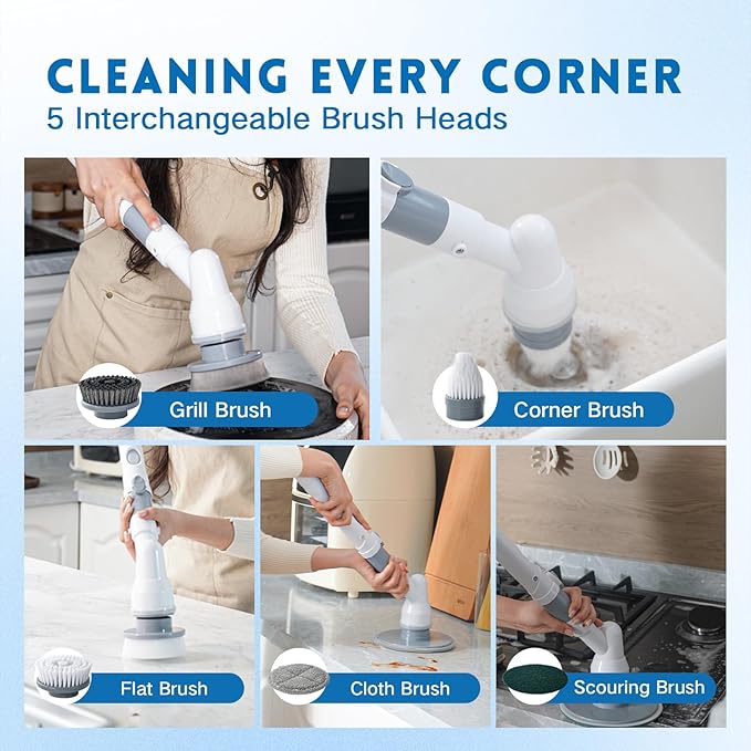 Electric Spin Scrubber,Wire Brush,Waterproof Spin Scrubber with Long Handle, Powerful Motor Cordless Cleaning Brush, Grill Cleaning Brush with Multiple Heads for Sink, Stove, Cabinets, and Kitchen