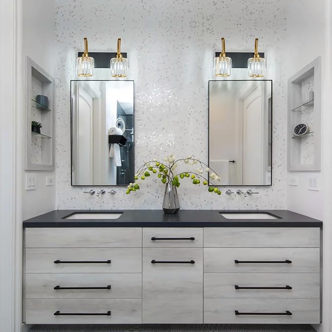 Bathroom Crystal Vanity Lights 2-Light Black Gold Wall Lamp Modern Crystal Bathroom Light Fixtures Over Mirror 13.77" Long Wall Sconce