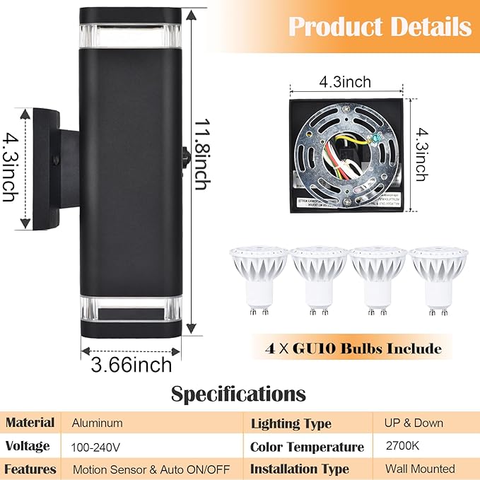 wowlite 2 Pack Motion Sensor Outdoor Wall Lights, Dusk to Dawn Outdoor Lighting Fixtures with GU10 Bulbs Included, Up and Down Black Exterior Light Fixtures for House Porch Garage, ETL Listed