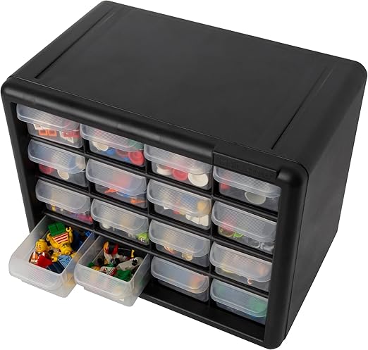 Akro-Mils 16-Drawer Plastic Drawer Storage Cabinet for Garage Organization, Beads, Makeup Organizer, Building Bricks Storage, Teacher Toolbox, 10-1/2-Inch W x 6-1/2-Inch D x 8-1/2-Inch H, 10116 Black