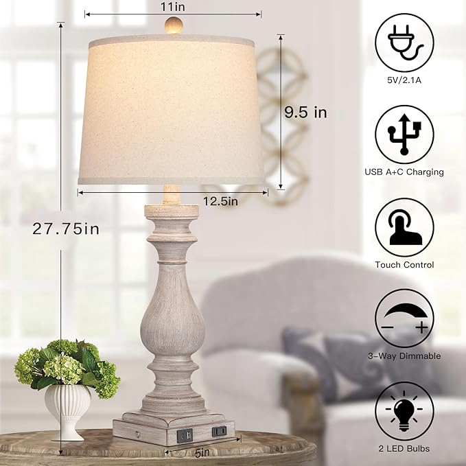 29" Tall Table Lamp for Living Room Set of 2,Vintage Bedside Nightstand Lamps with USB C+A Ports & AC Outlet,3-Way Dimmable Touch Control Desk Lamp for Bedroom,Color 2