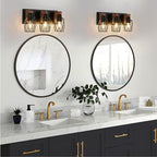 3-Light Vanity Light, Black Metal Bathroom Light Fixtures, Wall Sconce with Wood Accent, 16 inch Wide Bathroom Lighting Fixtures Over Mirror for Living Room, Bedroom, Hallway(Black, 3-Light)