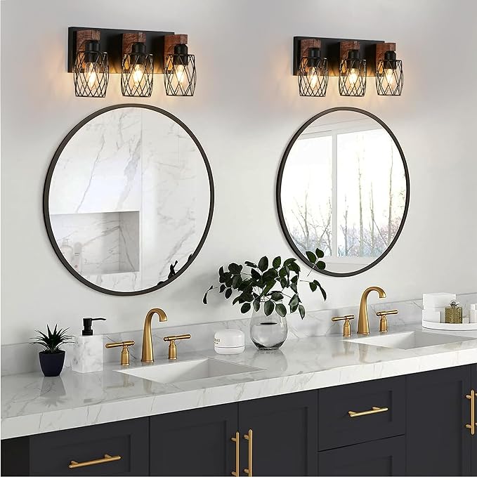 3-Light Vanity Light, Black Metal Bathroom Light Fixtures, Wall Sconce with Wood Accent, 16 inch Wide Bathroom Lighting Fixtures Over Mirror for Living Room, Bedroom, Hallway(Black, 3-Light)