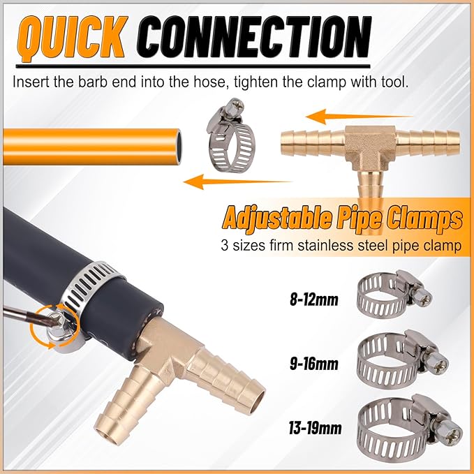 KOOTANS 18PCS Brass Hose Barb Fittings Barb Tee T-Fitting 3 Way Union Kit 1/8″ 3/16" 1/4" 5/16" 3/8" 1/2" Barbed Air Hose Fittings with 30pcs Pipe Clamps for Water Fuel Air Line Connector Fitting