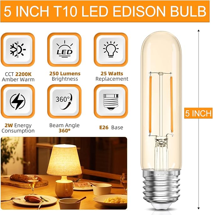 Tubular LED Edison Bulb 2200K Amber Warm Dimmable, 2W, 25 watt Equivalent, E26 LED Light Bulbs, T10 Edison Bulbs for Chandeliers, Ceiling Fan, 90+CRI 250LM, 6 Pack
