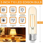 Tubular LED Edison Bulb 2200K Amber Warm Dimmable, 2W, 25 watt Equivalent, E26 LED Light Bulbs, T10 Edison Bulbs for Chandeliers, Ceiling Fan, 90+CRI 250LM, 6 Pack