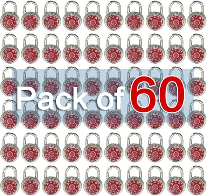 LanuBe Standard Dial Combination Lock, 2 in. Wide, with Different Combinations, Red Turnplate, Pack of 60; Lock for School, Employee, Gym Sports Locker, Case, Toolbox, and so on