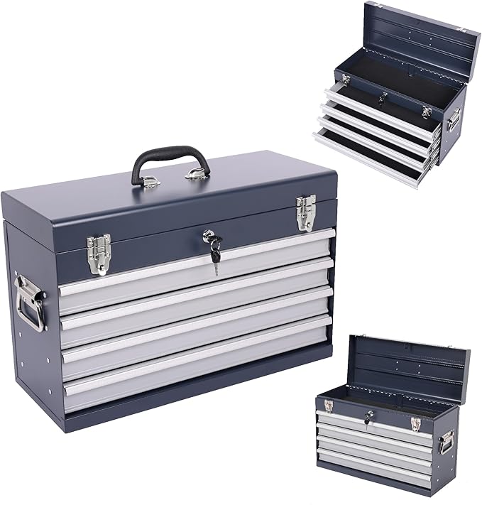 4 Drawers Metal Tool Box, 21" Portable Steel Tool Chest w/Key Lock & Latch Closure, Multi-Function Top Storage Tray Toolbox w/Powder Coating & Ball Bearing Slides for Garage (Antique Grey)