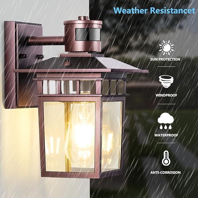 HIFEEEN 2-Pack Outdoor Wall-Mounted Motion Sensor Light with Dusk to Dawn Function, Waterproof Anti-Rust Aluminum Exterior Bronze Porch Lighting Fixture for Front Door, Garage, and Entrance Wall