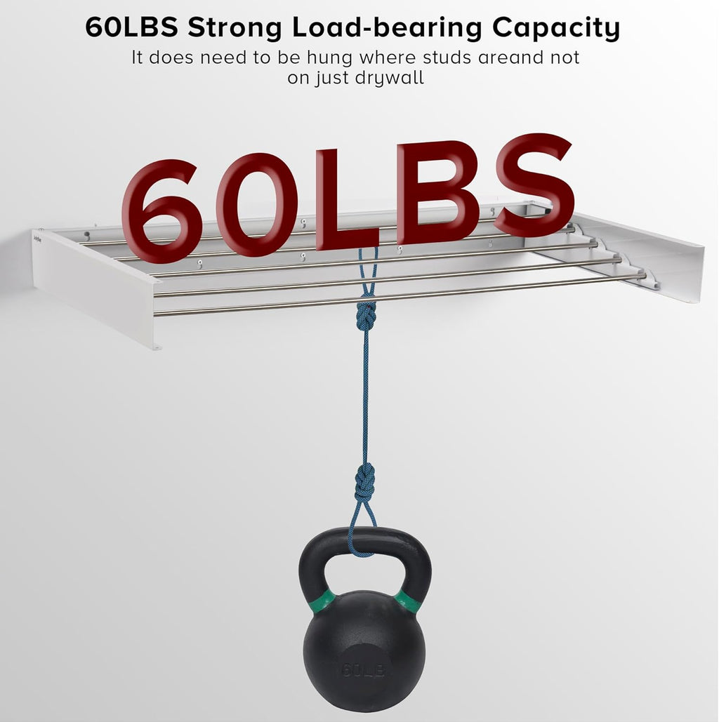 Wall Mounted Laundry Drying Rack, Retractable Clothes Drying Rack for Bathroom with Wall Template, 5 Stainless Rods Heaving 60 lb Capacity (White, 40")