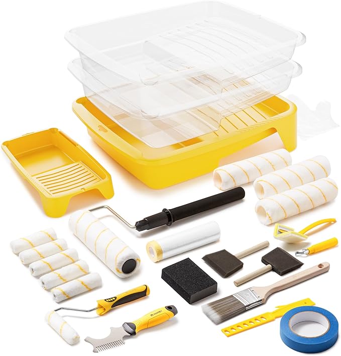 VOOMEY Paint Roller Kit, 12 Inch Paint Tray, 9-Inch Paint Roller Extension Pole, Small Paint Roller, Paint Brush, 28 Piece Set,Great for Professional Painters and Home Decoration
