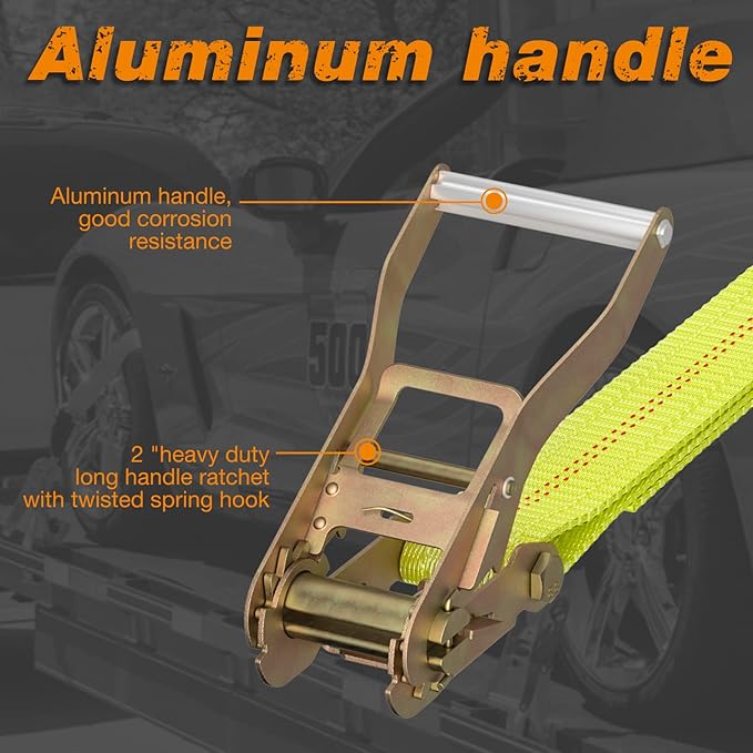 Adjustable Vehicle Tie Down Kit with Flat Hook Heavy Duty-Break Strength 10,000 lbs-Working Load 3333 lbs-2" x 10' Lasso Ratchet Straps for Car, Truck, UTV(Classic Yellow)
