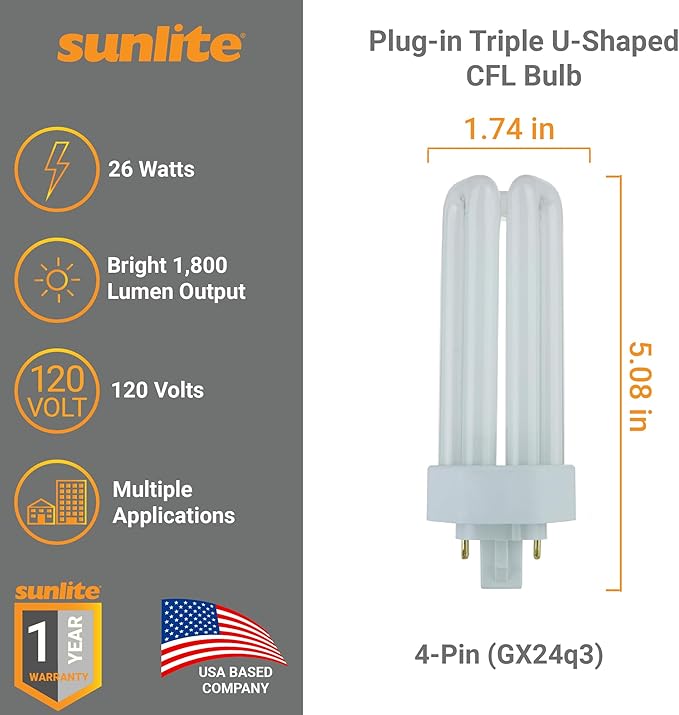 Sunlite PLT26/E/SP Compact Fluorescent PLT 4-Pin Triple Tube, 26 Watts, 120 Volts, 1800 Lumens, 5000K Daylight, 4-Pin GX24q3 Base, 10 Pack