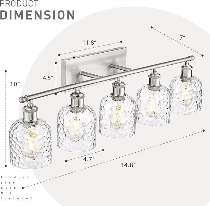zeyu Modern Brushed Nickel Bathroom Lights Fixture, 35 Inch 5 Light Vanity Lighting Over Mirror, Brushed Nickel Finish with Clear Hammered Glass, ZJF63B-5W BN