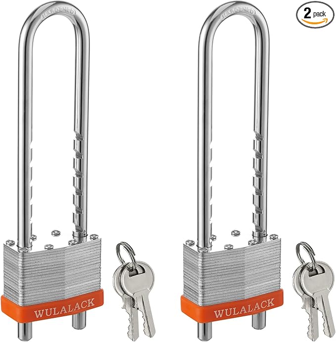 Padlock with Key, WULALACK 2 inch Wide Laminated Steel Keyed Padlock with Adjustable Shackle, Long Shackle Pad Lock with 2 Keys