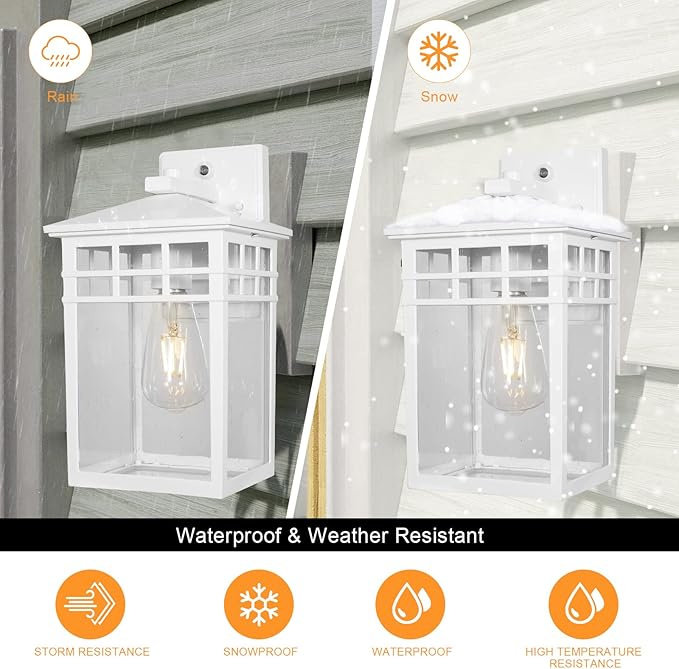 Dusk to Dawn Outdoor Light Fixture Wall Mount, Rustic Exterior Lights Fixture Wall Sconces with Seeded Glass for Front Porch, Waterproof Outdoor Wall Lantern in White Finish for Home,DDRZ009-W WH