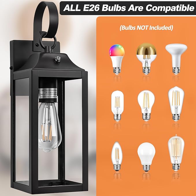 Dusk to Dawn Wall Lights 2 Pack, Black Outdoor Light Fixtures Wall Mount, 15 Inch Exterior Wall Sconces Waterproof, Large Outside Lights for House, Modern Wall Lanterns Clear Glass