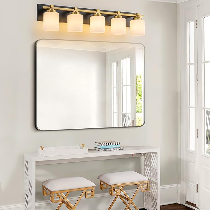 5 Light Modern Bathroom Light Fixtures Over Mirror, Black Gold Vanity Lights for Bathroom Wall Sconces with Milky White Glass Shades, E26 Socket (Bulbs Not Included)
