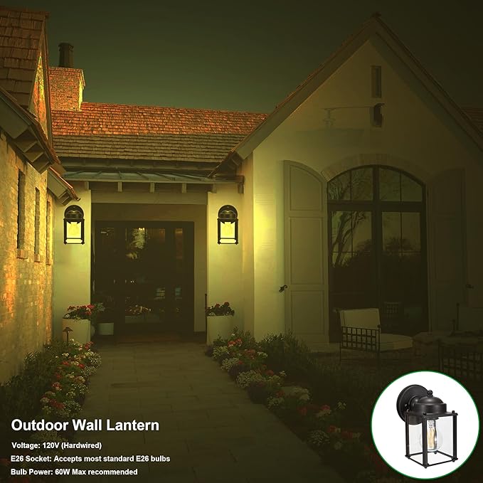LIT-PaTH Outdoor Wall Lantern, Wall Sconce as Porch Lighting Fixture, E26 Medium Base 60W Max., Aluminum Housing Plus Glass, Bulbs NOT Included, 2-Pack, Bronze Finish