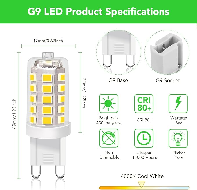 BUBO G9 LED Bulb 4000K Cool White 430 Lumens, 3W Equivalent 40W T4 G9 Halogen Replacement, 360°Beam Angle 120V Non-Dimmable No-Flicker G9 Light Bulbs for Crystal Chandelier Lighting, 10 Pack