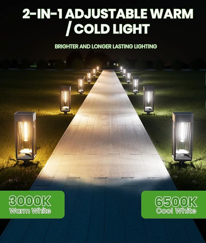 Bright Solar Lights Outdoor Waterproof IP65, 2-in-1 Warm&Cool Solar Pathway Lights, 6 Pack Auto On/Off Path Lights Solar Powered, Long Lasting Outside Yard, Patio, Garden, Landscape Lighting