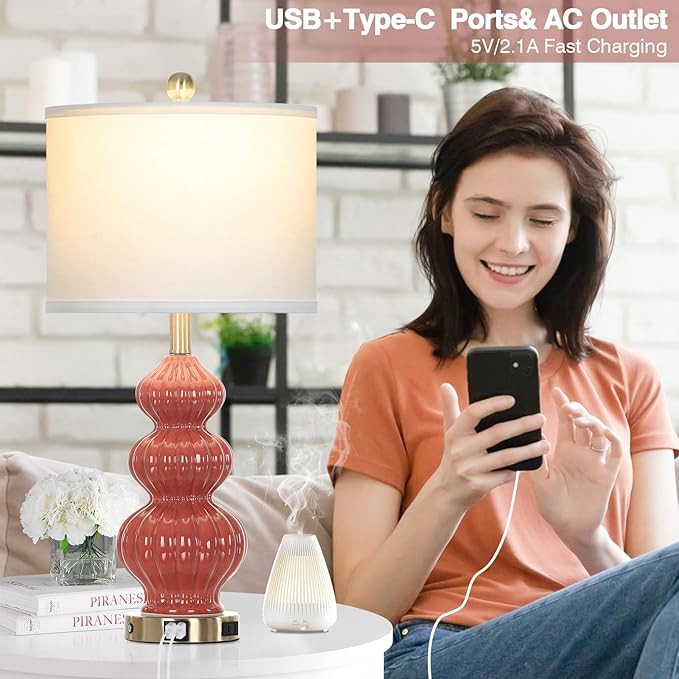 Triple Gourd Ceramic Table Lamps Set of 2, Modern Orange Bedside Lamps with USB A+C Ports & AC Outlet, 3 Way Touch Control Contemporary Nightstand Lamps for Bedroom Living Room