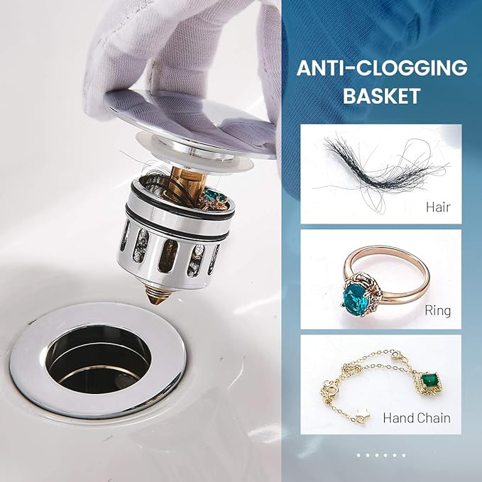 Vessel Sink Drain,Bathroom Pop-up Drain with Detachable Basket Stopper, Anti-Explosion and Anti-Clogging Drain Strainer, Sink Drain Assembly with Overflow Polished Chrome, REGALMIX RWF083H