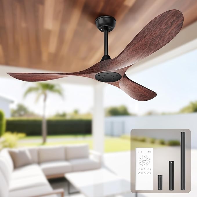 52 Inch Ceiling Fan Without Lights, Walnut Finish | Outdoor Ceiling Fan with Remote, 6-Speed Adjustable Reversible DC Motor for Patio & Living Room