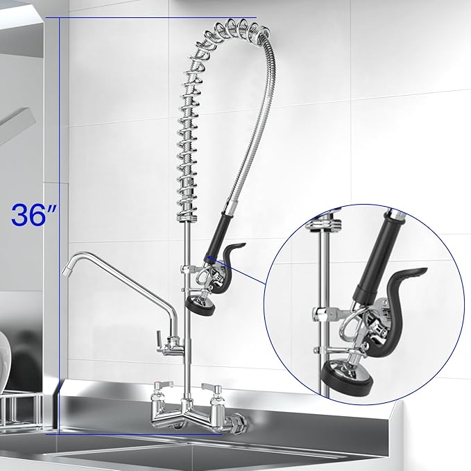 Commercial Kitchen Faucet 36" Height Wall Mount with Sprayer 8" Center Wall Mount Kitchen Sink with 12" Add-on Swing Spout Pre Rinse Faucet for Commercial Sink(Round Sprayer