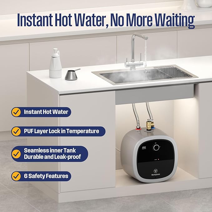 Westinghouse 2.5 Gallon Electric Mini Tank Water Heater, 120V, 1440W Instant Hot Water for Point-of-Use, Compact Under Sink & RV Design, Easy Wall/Floor Mount, UL Listed (Gray)