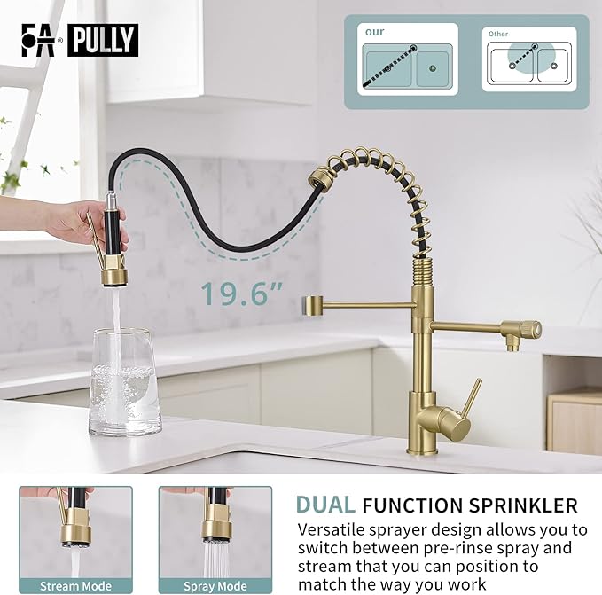 Brushed Gold Kitchen Faucet with Pull Down Sprayer, Single Handle Commercial Brass Kitchen Sink Faucets with 3 Way Drinking Kitchen Faucet, for Water Filtration System or Pot Filler Faucet in Gold