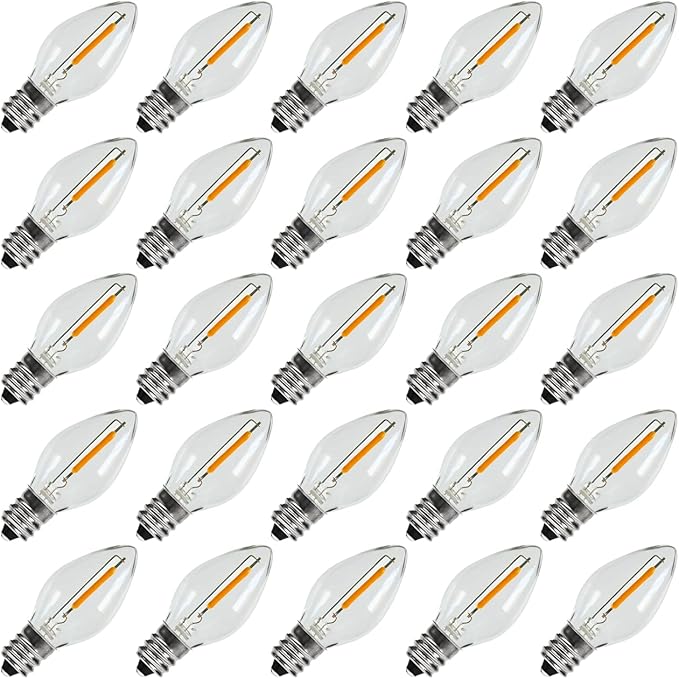 KGC 25Pack C7 LED Christmas Light Bulb, E12 Base LED Bulbs, 0.6W 2200K Warm White 50LM, Clear Plastic Night Lights C7 Replacement Bulbs for Christmas String Lights.