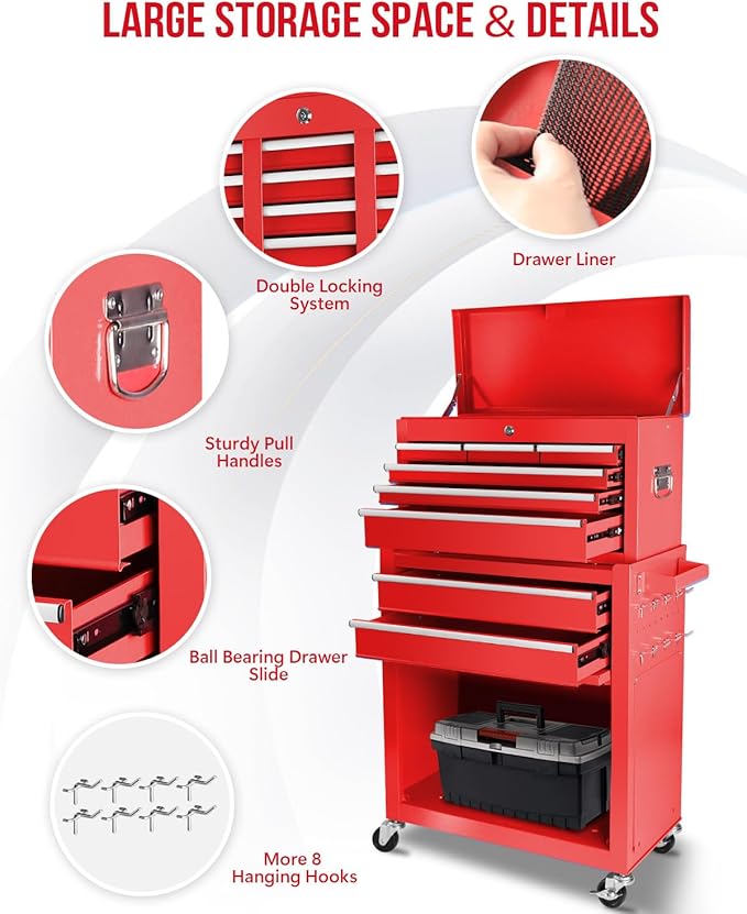 2 in 1 Tool Chest with 8 Drawers, Tool Cart with 7 Organizer Tray Divider Set & Wheels, Large Rolling Tool Box Organizer for Garage, Workshop, Home Crafts
