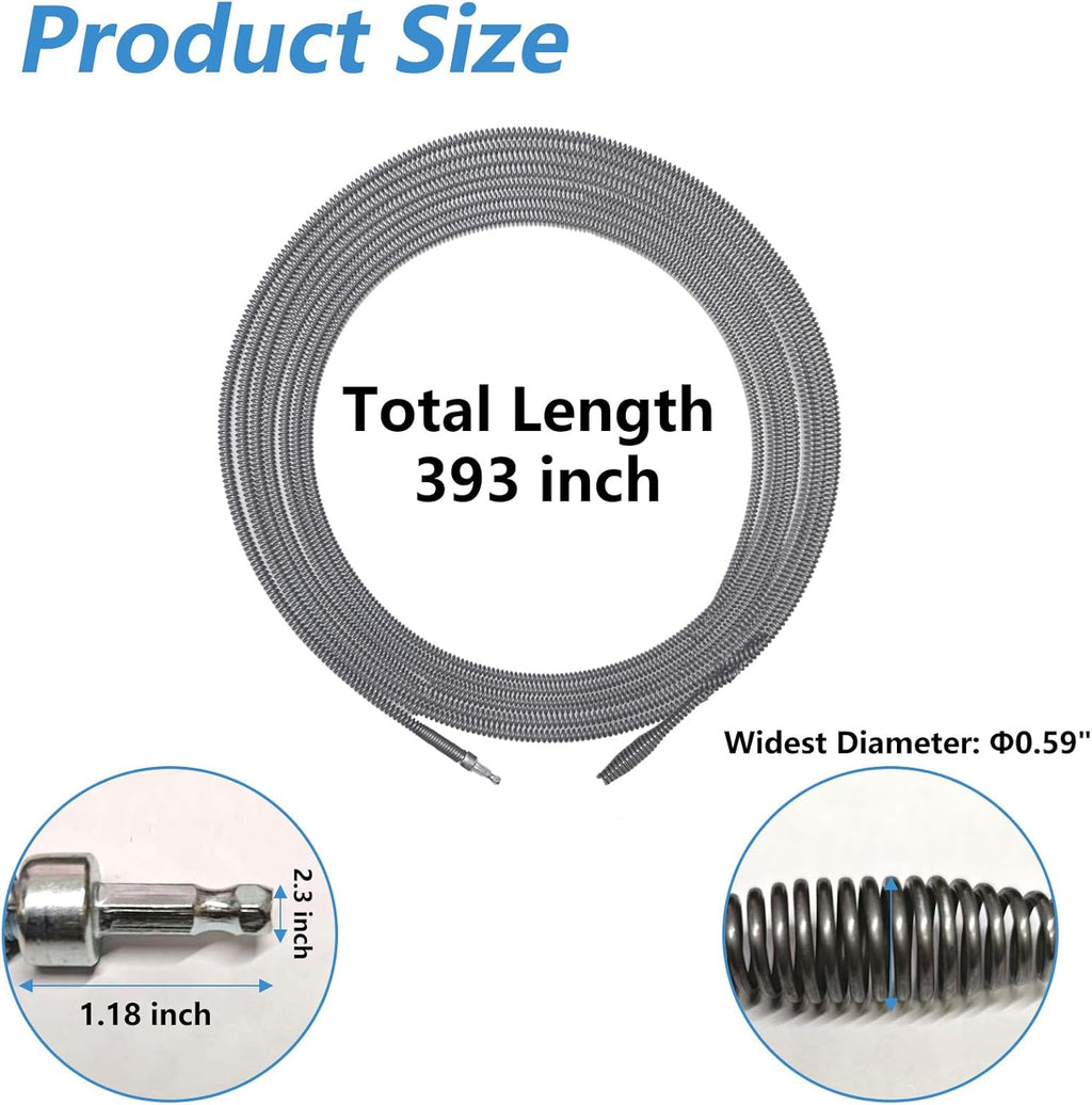 Drain Clog Remover, Spring Drain Snake with Electric Drill Connector, Metal Drain Hair Removal Tool for Sewer Kitchen Sink Bathroom Toilet Clogged Drain Auger Cleaner,1 Pcs 393.7 In 32.8 FT