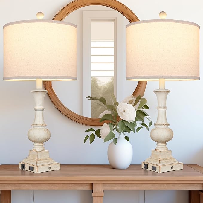 26" Farmhouse Table Lamps Set of 2, Rustic Touch Control Bedside Lamps with 2 USB Ports & AC Outlet, Vintage White Resin 3-Way Dimmable Nightstand Lamp Linen Fabric Shade for Living Room Bedroom Decor