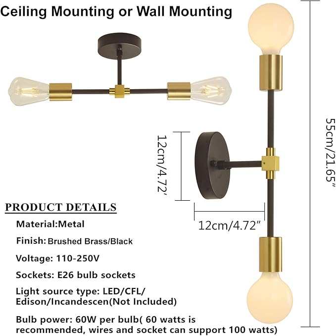 2 Lights Bathroom Wall Sconce Vanity Modern Industrial Wall Lamp Pole Wall Mount Lighting Fixture（Gold/Black Color）