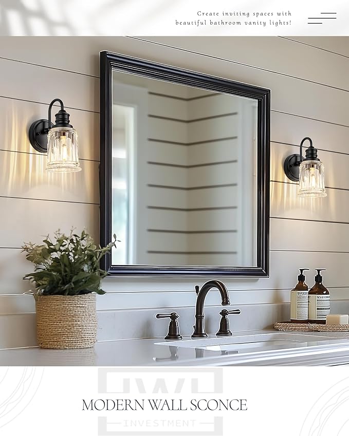 HWH Wall Sconces Set of 2, 1-Light Matte Black Bathroom Light Fixtures, Modern Single Vanity Light Wall Lamp with Bell-Shaped Clear Glass, 5HZG106B-2 BK