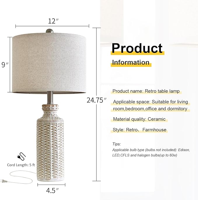 24.75'' Farmhouse Ceramic Table Lamp Set of 2 for Bedroom Living Room Vintage Traditional Rustic Modern White Nightstand Bedside Lamps