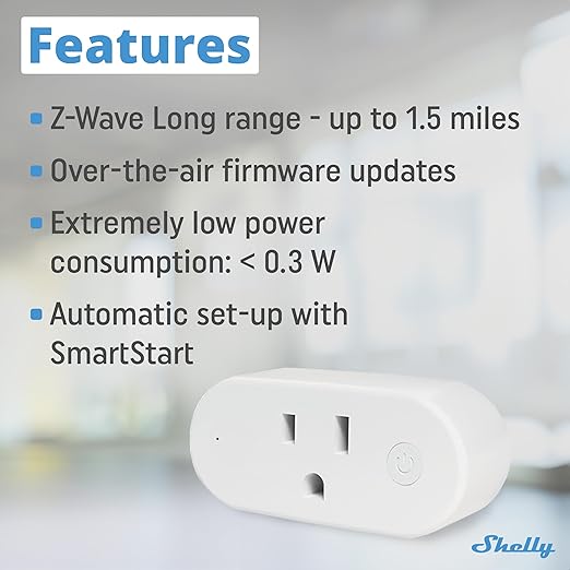 Shelly Wave Plug US LR | Z-Wave Long Range Smart Plug with Power Monitoring 15 A | Home Automation | iOS Android App | Low Power Consumption | Smart Schedules & Scenes | Bulletproof Security