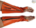 Arm Chaps Leather Protective Sleeves Arm Guard - Prevent Cuts, Scratches & Bruises - Genuine Cowhide - Ideal for Gardening & Construction - Left & Right Form-Fitting. Orange (1 Pair/Large).
