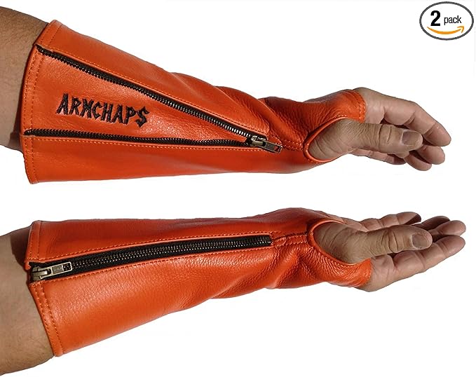 Arm Chaps Leather Protective Sleeves Arm Guard - Prevent Cuts, Scratches & Bruises - Genuine Cowhide - Ideal for Gardening & Construction - Left & Right Form-Fitting. Orange (1 Pair/Medium).