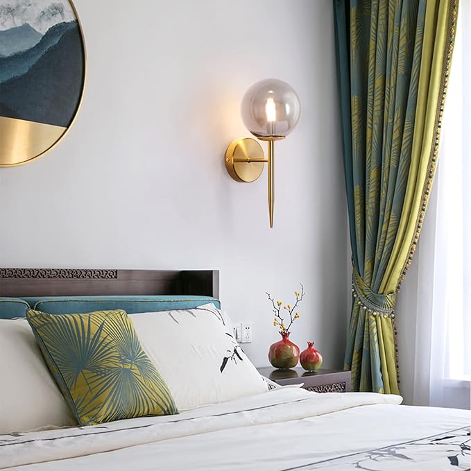 SeeU Gold Wall Sconces Mid Century Style Set of 2,Brass Wall Lamp Fixture,Vanity Light Fixture Wall Lamp with Grey Globe