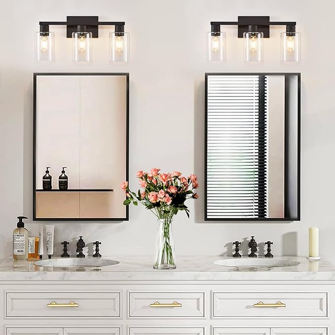3-Light Bathroom Vanity Light, Black Vanity Lights with Clear Glass Shades, Bathroom Wall Sconce Lamp for Mirror Living Room Bedroom Hallway