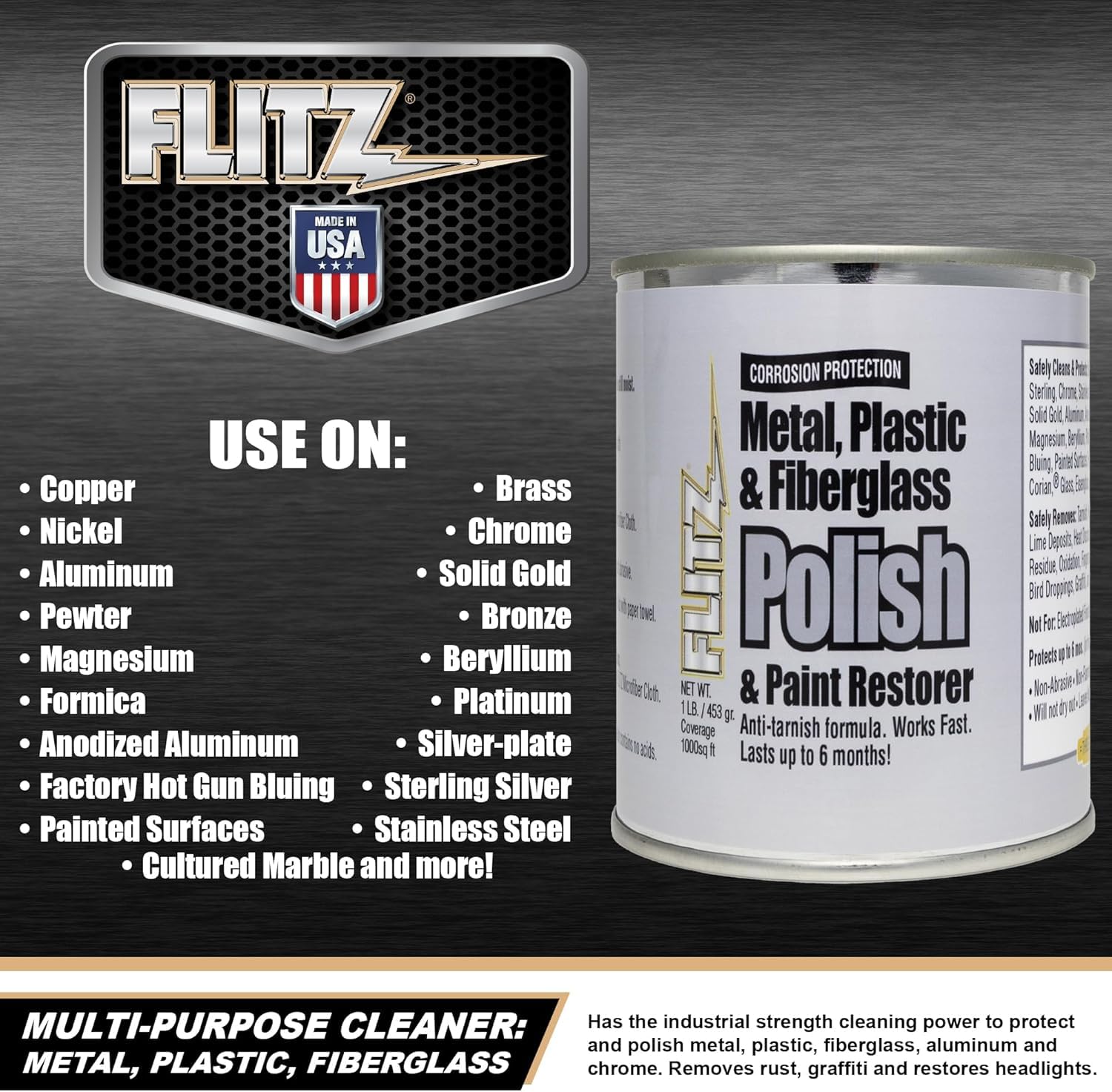 Flitz Multi-Purpose Metal Polish Paste - 1lb Can of USA-Made Chrome Polish - Works on Stainless Steel, Aluminum, Plastic, Jewelry and Cars - Non-Abrasive Cleaner & Rust Remover (1 Pack)