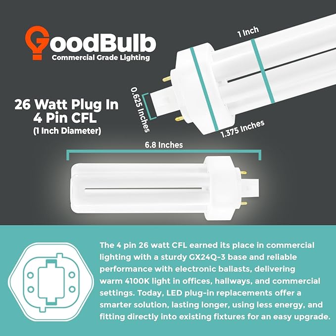 GoodBulb 26 Watt CFL Light Bulbs 4 Pin GX24Q-3 Base 4100K Cool White 26W High Output 1800 Lumens Triple Tube Compact Fluorescent Light Bulbs Plug-in 10 Pack