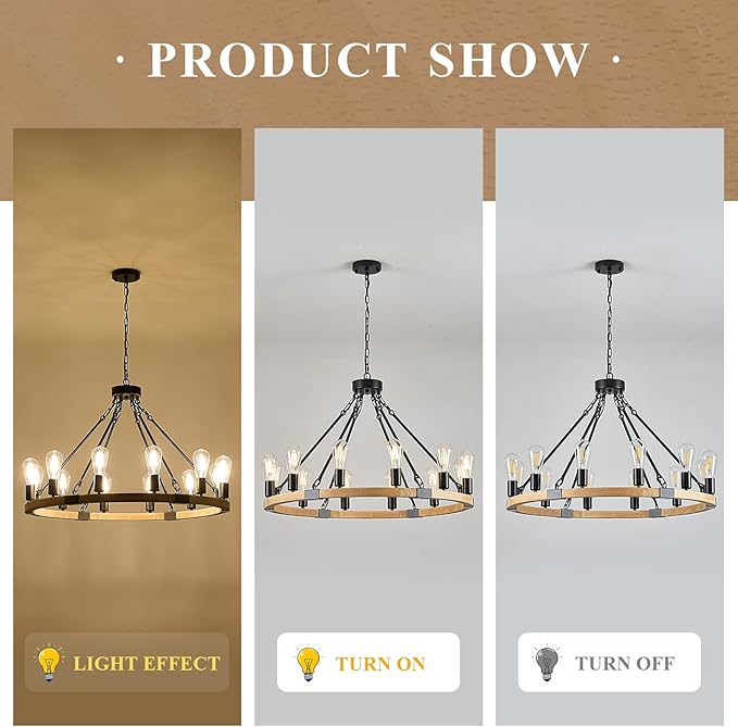 31.5'' 12 Lights Wooden Wagon Wheel Chandelier Natural Farmhouse Wood Round Chandelier Black Rustic Light Fixture for Living Dining Room Entryway Foyer Kitchen