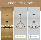 31.5'' 12 Lights Wooden Wagon Wheel Chandelier Natural Farmhouse Wood Round Chandelier Black Rustic Light Fixture for Living Dining Room Entryway Foyer Kitchen