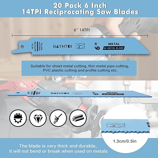 20 Pack 6 Inch 14 Tpi Reciprocating Saw Blades for Sheet Metal, Pipes, PVC Plastic, Profiles Cutting, Bi-Metal Sawzall Blades with 8% Cobalt for Longer Life and Faster Cutting Speed